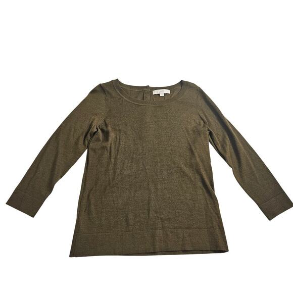 Loft Olive Green Lightweight 3/4 Sleeve Sweater Button Closure Medium Wool Blend - Picture 1 of 8